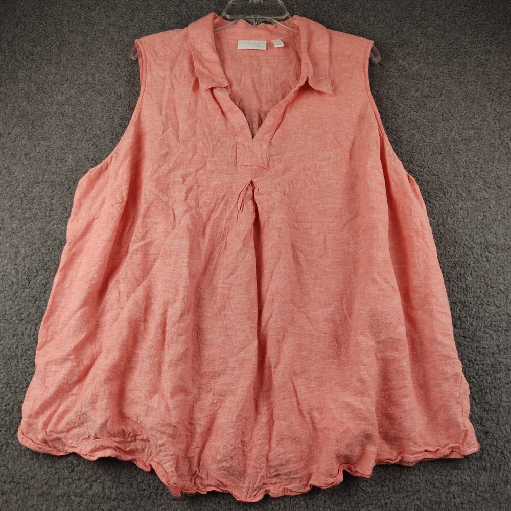 Susan Graver Top Sz 4XP Linen Blend Coral Pink Sleeveless V-Neck Button Side EUC
